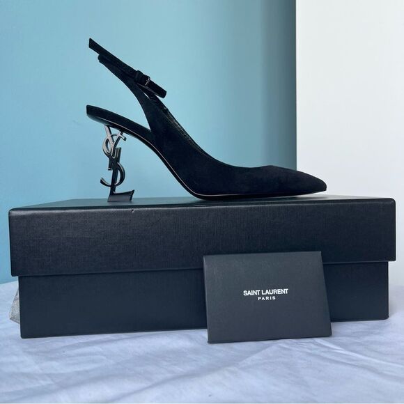 Yves Saint Laurent Shoes - NEW | SAINT LAURENT Opyum Suede Pointed Toe Black Sling Back Heels sz. 37.5